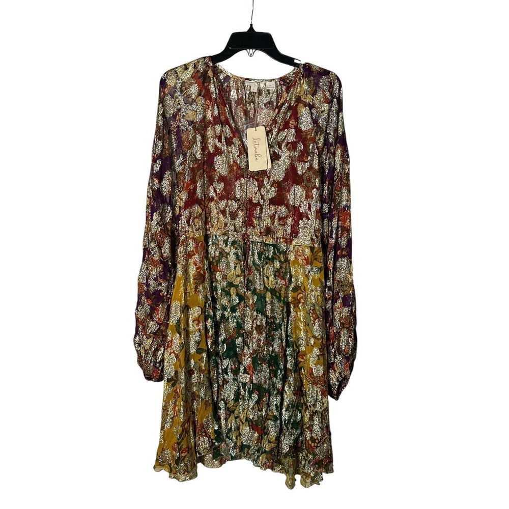Anthropologie Let Me Be Dress Medium Gold Rainbow Floral Boho Long Sleeve AB14-1 - Picture 13 of 13